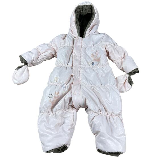 CATIMINI Pink Brown Fleece Lined Full Zip Snap Hooded Snow Suit Girls Size 18 M - Picture 1 of 7